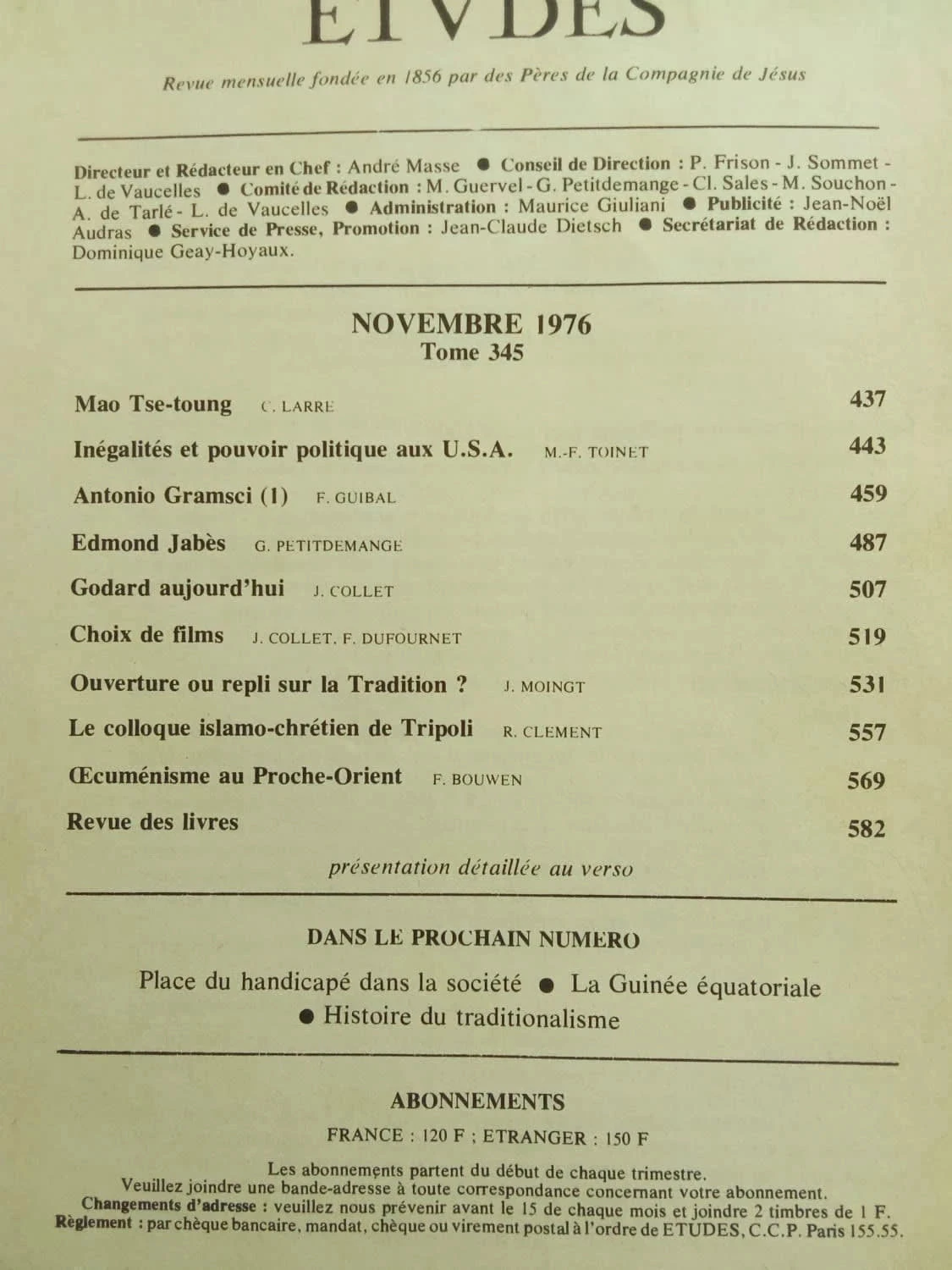 Etudes. 1976 november. Mao Tsé-toung. Gramsci. Edmond Jabès. Godard. Mgr Lefebvre – photo 2